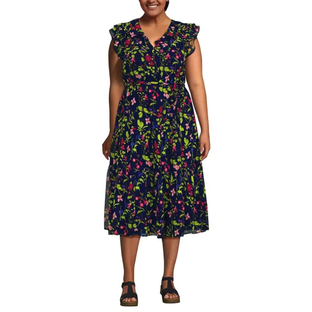 Lands' End Ruffle Sleeve Chiffon Tiered Midi Dress 2X Blue Floral